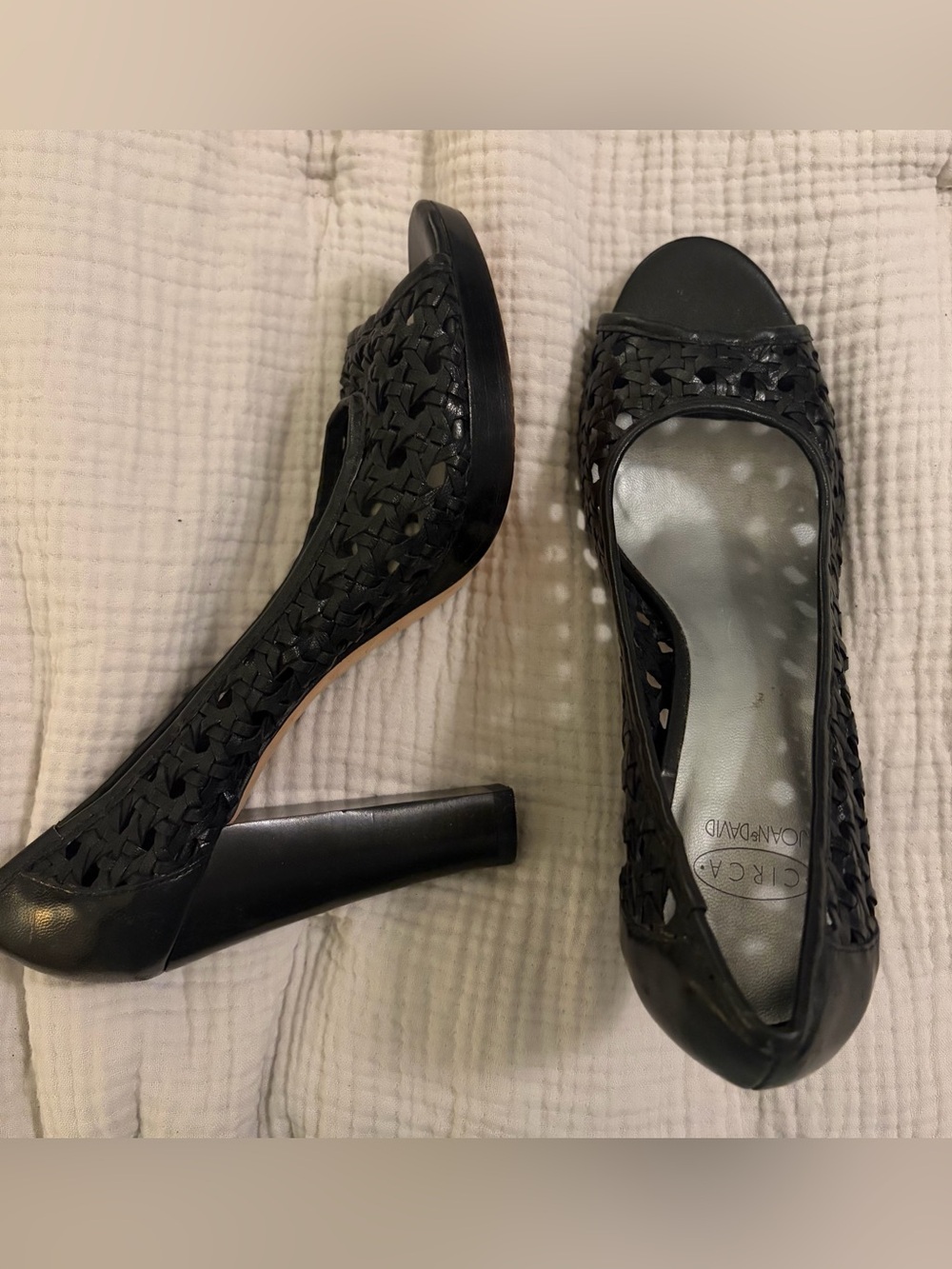 Circa Joan & David Black Woven Peep-Toe Block Platform Heel Pumps - SZ 8
